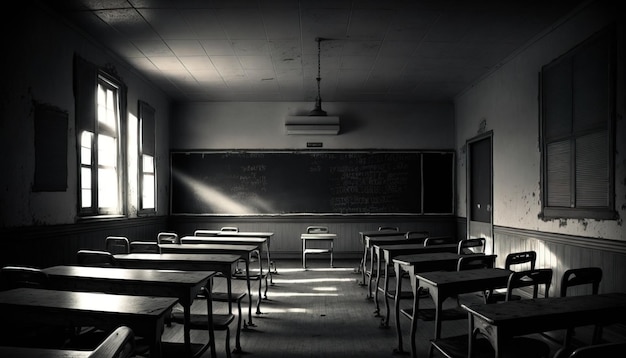 Arte digital de uma sala de aula arruinada e vazia em uma escola abandonada