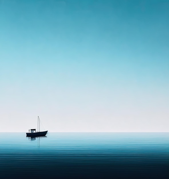 Arte digital de uma silhueta de barco em um mar de águas calmas azul escuro