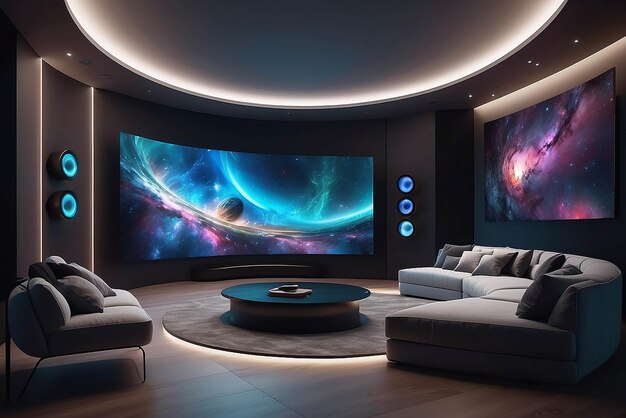 Foto arte digital em uma tela oled curva com som surround em um modelo de sala de entretenimento imersivo