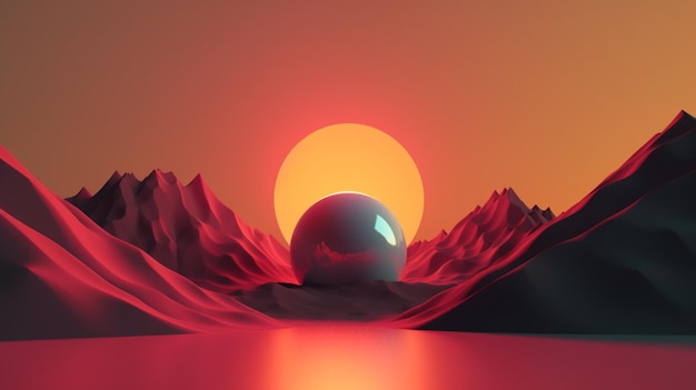 Un arte digital de una esfera con una montaña al fondo.