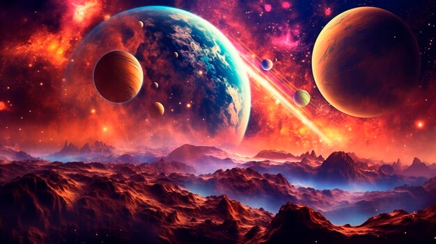 Arte digital espacial Cosmos de fantasia surreal Nebulosa com planetas e estrelas IA gerativa