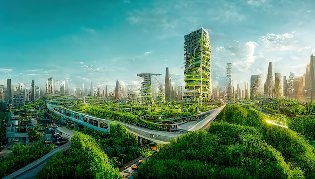 Arte digital espetacular ilustração 3D cidade ESG futurista abundante em árvores