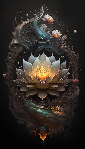 Un arte digital de una flor de loto con un dragón.