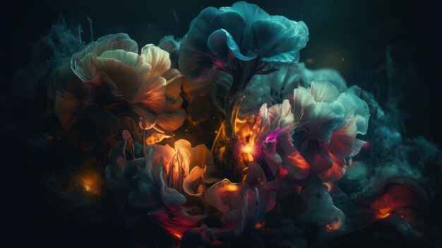 Un arte digital de flores con un fondo azul.