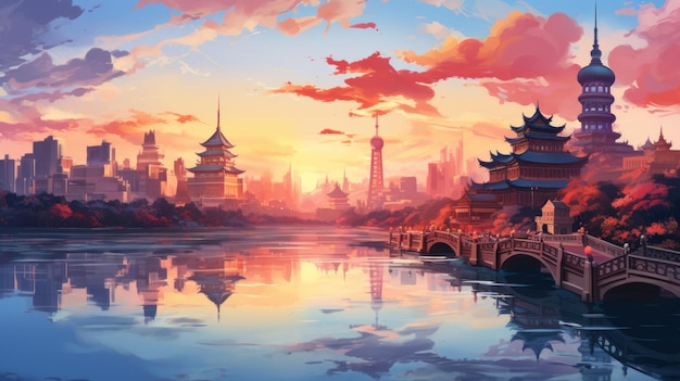 arte digital del fondo colorido del horizonte de China edificio famoso de China ilustración vectorial dibujada a mano puntos de referencia de viajes chinos atracciones ilustración vectoria aislada