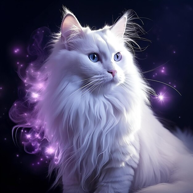 Foto arte digital de un gato blanco puro y brillante con un fondo de luz brillante