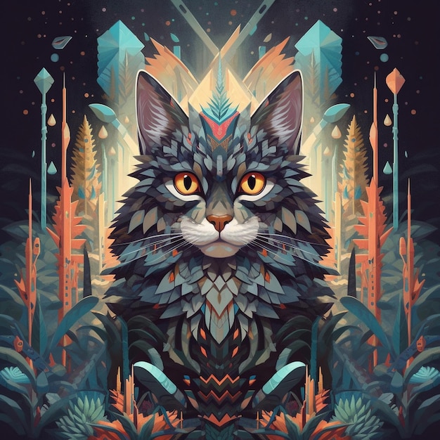 Un arte digital de un gato con un fondo de árboles y plantas.