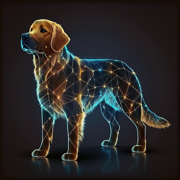 Arte digital Golden Retriever brillando en líneas con fondo aislado