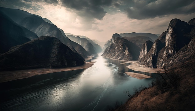 Arte digital de un hermoso paisaje del lago del río Yangtze