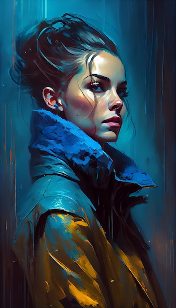 Arte digital hermoso retrato de mujer joven en abrigo azul de moda