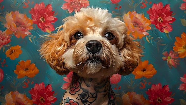 Foto arte digital híbrido de caniche y bulldog con tatuajes concepto de arte digital animales híbridos caniches bulldogs tatuajes
