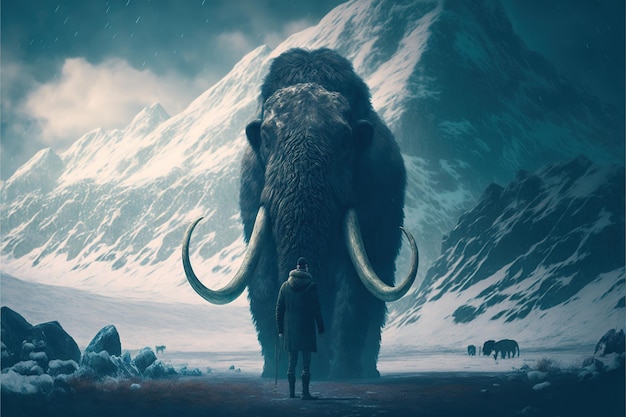 Arte digital de un hombre parado frente a un gran mamut lanudo gigante en el paisaje invernal