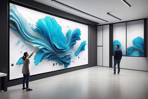 Arte digital interativa em paredes sensíveis ao toque em um espaço de trabalho colaborativo com modelos de elementos dinâmicos