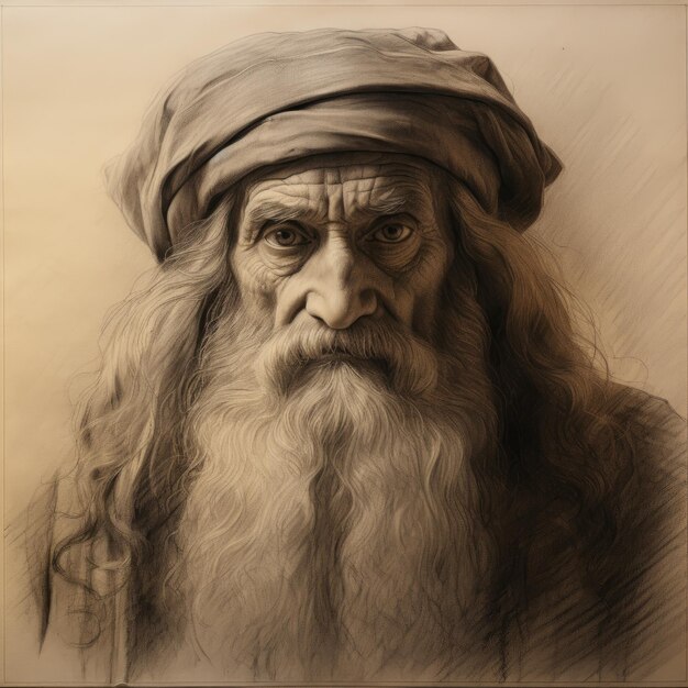 Arte digital intrincado anciano con barba larga en turbante