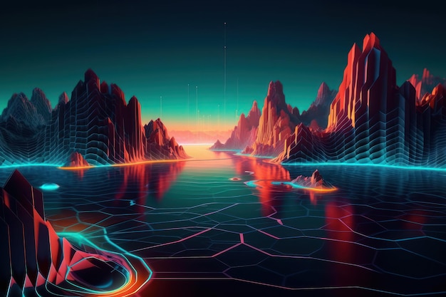 Un arte digital de un lago con un fondo azul y una montaña al fondo.