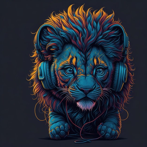 Un arte digital de un león con auriculares en la cabeza.