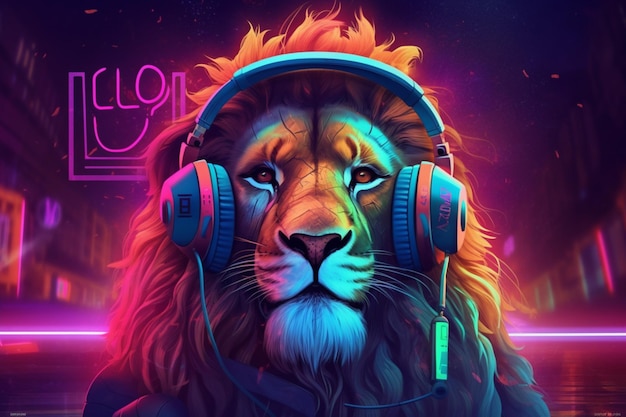 Un arte digital de un león con auriculares y un neo.