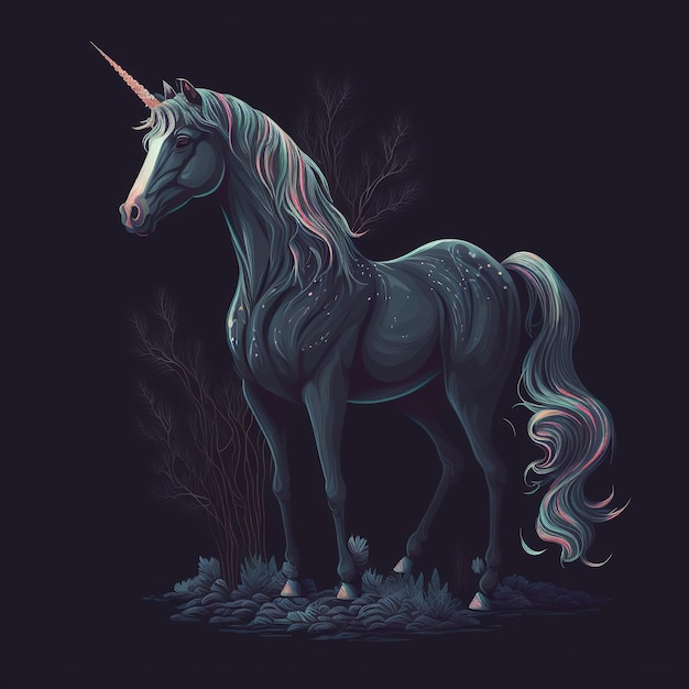 Arte digital de un lindo adorable adorable unicornio colorido con elementos florales, aislado en la oscuridad