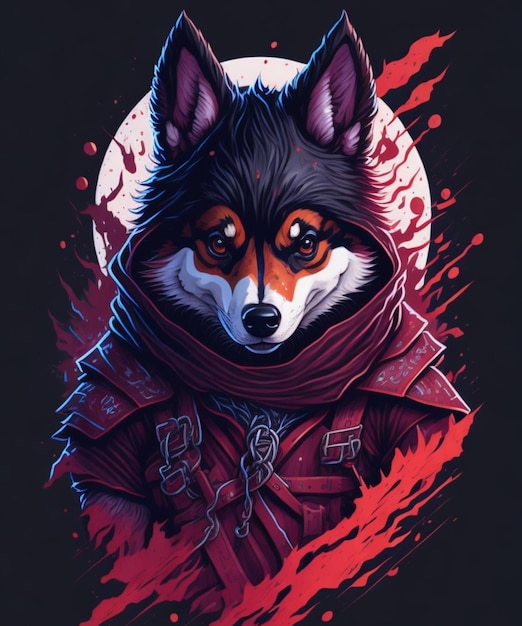 Un arte digital de un lobo con un fondo rojo y un fondo rojo.