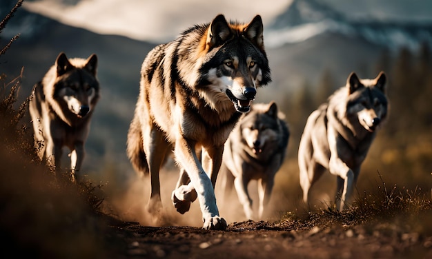 Foto arte digital de un lobo macho de alpa liderando la manada