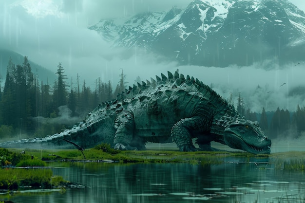 Arte digital majestosa de um dinossauro gigante em uma paisagem de floresta mística com montanhas nebulosas