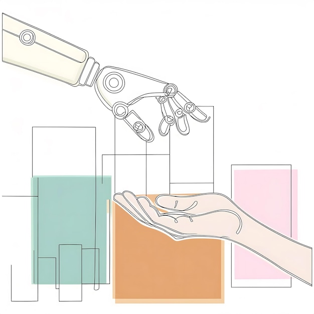 Un arte digital de las manos que se extienden una hacia la otra un humano y el segundo robot