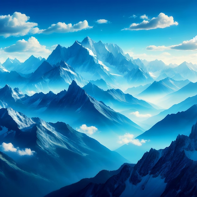 Arte digital de la montaña azul pintando un hermoso paisaje una pintura de una montaña con nubes