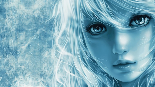 Arte digital de una mujer joven de tonos azules con ojos llamativos