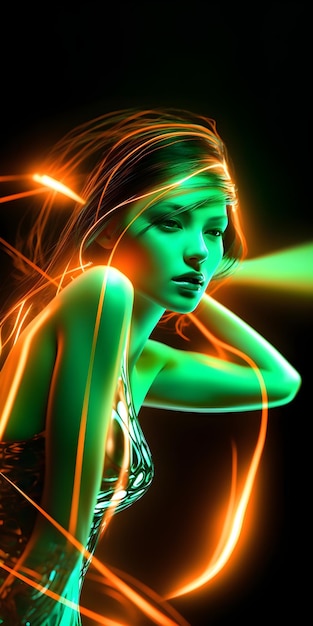 Un arte digital de una mujer con luces de neón en la cara.