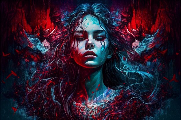 Un arte digital de una mujer con ojos azules y un fondo rojo y azul.