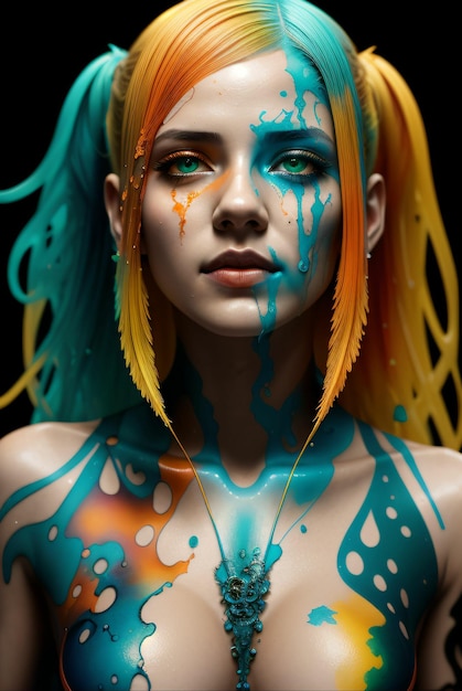 arte digital de mujer rubia en estilo realista con salpicaduras de pintura en verde amarillo y azul