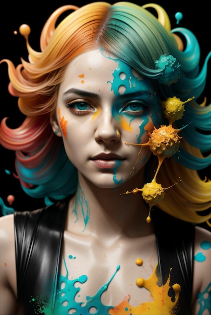 arte digital de mujer rubia en estilo realista con salpicaduras de pintura en verde amarillo y azul