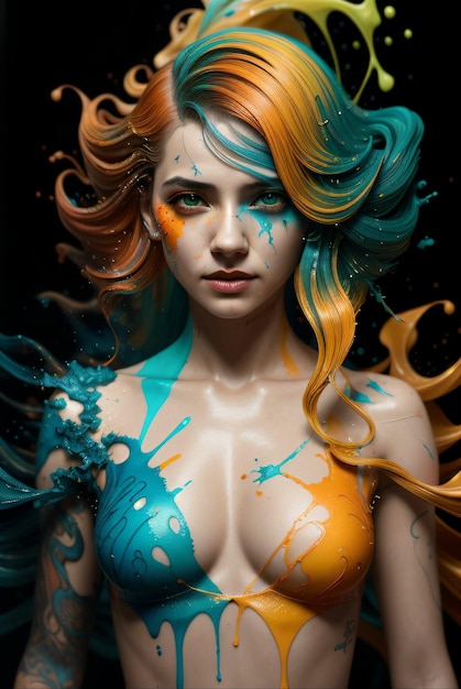 arte digital de mujer rubia en estilo realista con salpicaduras de pintura en verde amarillo y azul