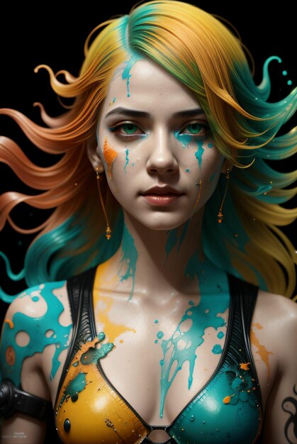 arte digital de mujer rubia en estilo realista con salpicaduras de pintura en verde amarillo y azul