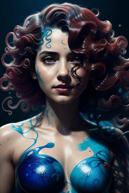 arte digital de una mujer sexy en estilo realista con toques de pintura en azul con cabello rizado