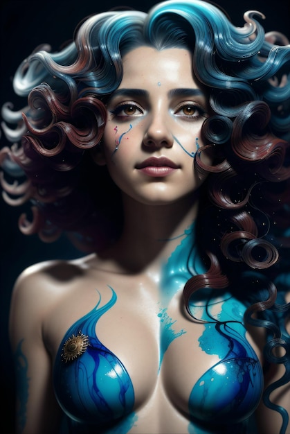 arte digital de una mujer sexy en estilo realista con toques de pintura en azul con cabello rizado