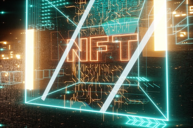 Arte digital NFT, token no fungible, tecnología blockchain. Bloque de datos criptográficos, coleccionismo, piezas únicas. Token criptográfico no fungible. Procesamiento 3D, ilustración 3D. Copie el espacio.