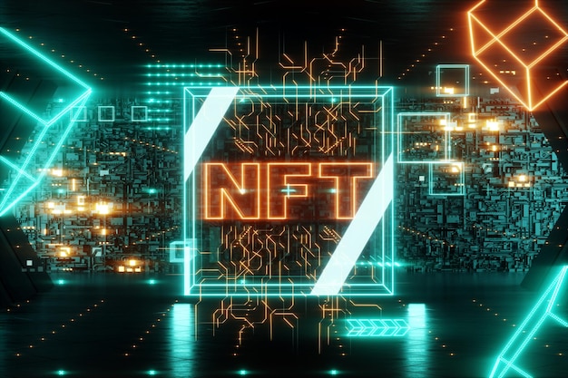 Arte digital NFT, token no fungible, tecnología blockchain. Bloque de datos criptográficos, coleccionismo, piezas únicas. Token criptográfico no fungible. Procesamiento 3D, ilustración 3D. Copie el espacio.