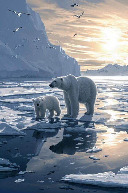 Arte digital de un oso polar y cachorros en los hielos flotantes que se derriten