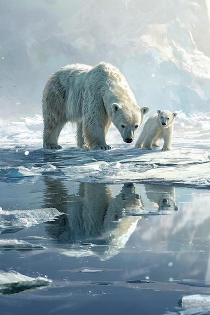 Arte digital de un oso polar y cachorros en los hielos flotantes que se derriten