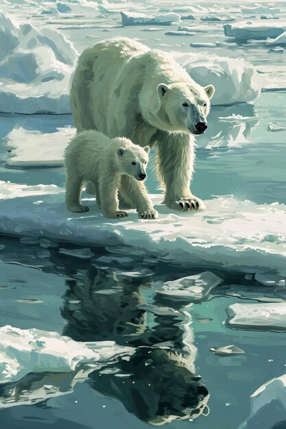 Arte digital de un oso polar y cachorros en los hielos flotantes que se derriten
