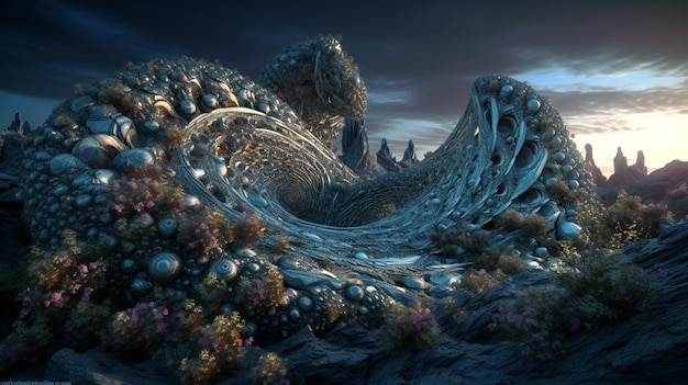 Un arte digital de un paisaje extraño con una estructura de aspecto extraño.