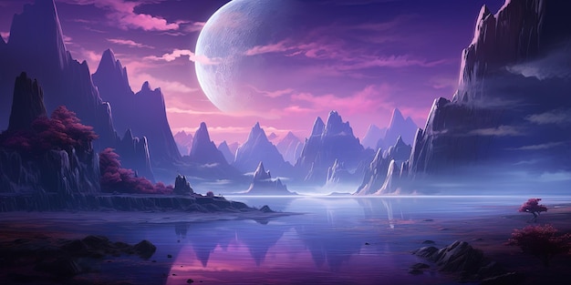 Arte digital de un paisaje púrpura místico con altos acantilados y una gran luna