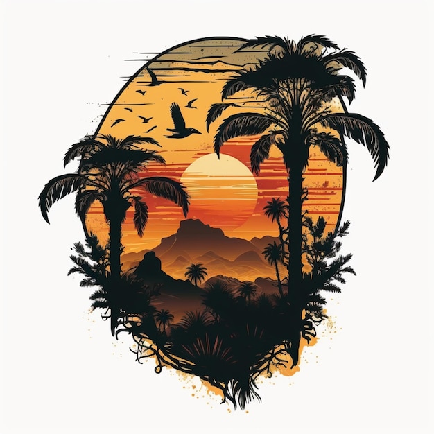 Un arte digital de un paisaje tropical con puesta de sol y palmeras.