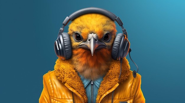 Un arte digital de un pájaro con auriculares y una chaqueta