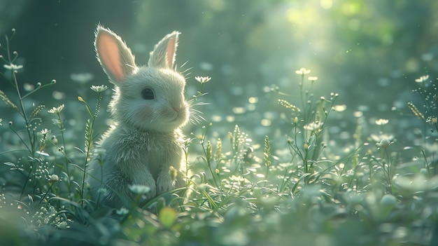 Arte digital de un pequeño conejo blanco descansando en un misterioso bosque Ilustración conceptual de fondo de estilo dibujos animados