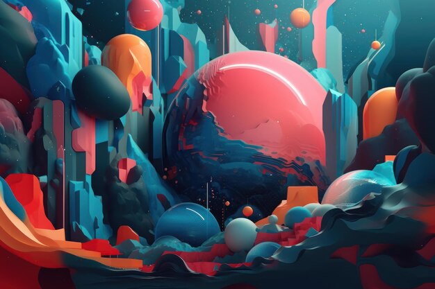 Un arte digital de un planeta con un fondo rojo y azul.