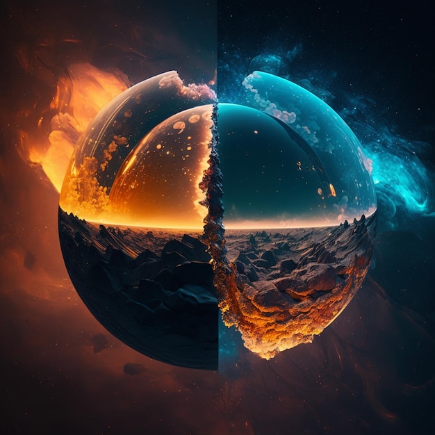 Un arte digital de un planeta con fuego y la palabra fuego en él