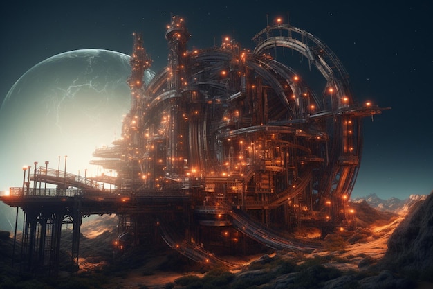 Un arte digital de un planeta con un gran edificio industrial y un planeta al fondo.