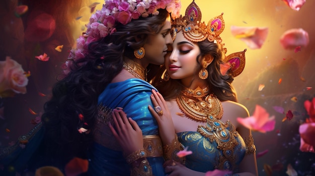 Arte digital radha krishna flores amantes divinos imagem arte gerada pela IA